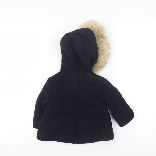 Zara Unisex Baby Black Duffle Coat 6-9M Fur Trimmed