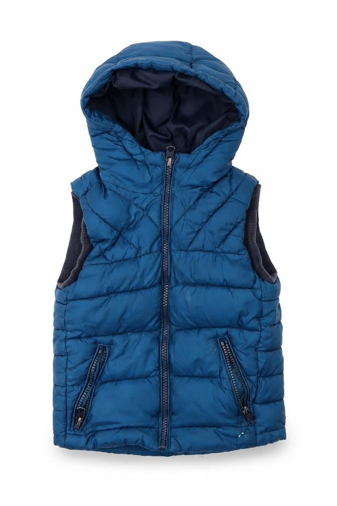 Front view of Zara boys’ blue puffer jacket 4 years hooded sleeveless