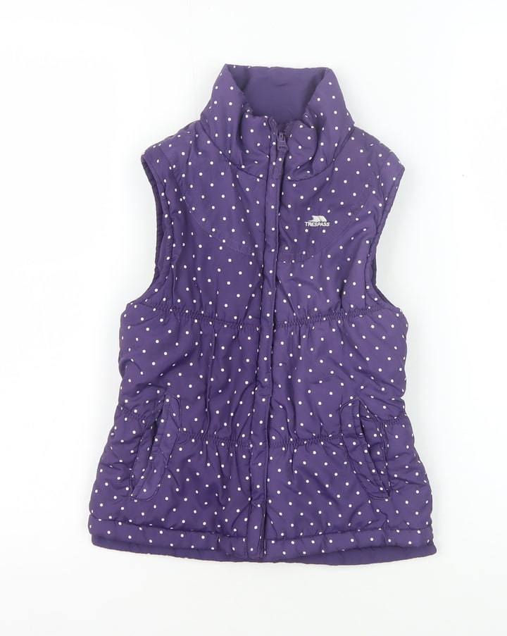 Trespass Girls Purple Puffer Jacket 7-8 Years Polka Dot Sleeveless