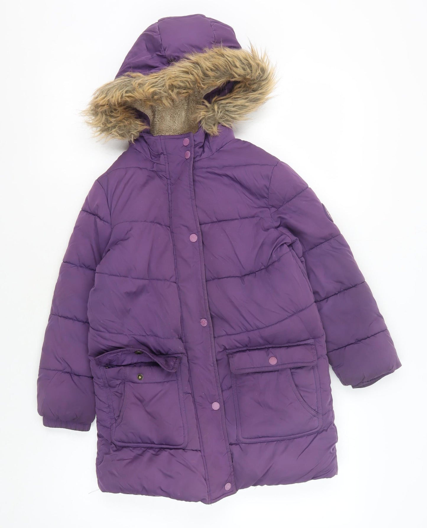 FatFace Girls Purple Puffer Jacket 7-8Y Winter Hooded Coat