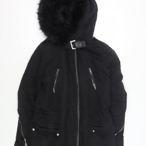 Maje Women's Black Hooded Coat Size 8 with Fur Trim