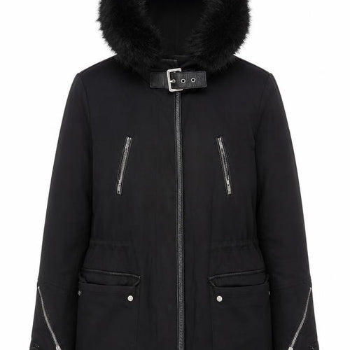 Maje Women's Black Hooded Coat Size 8 with Fur Trim
