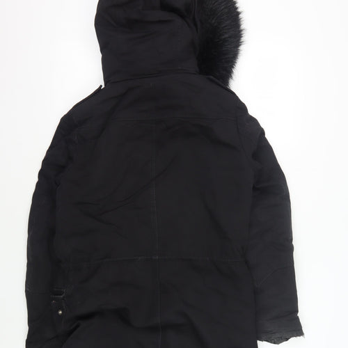 Maje Women's Black Hooded Coat Size 8 with Fur Trim