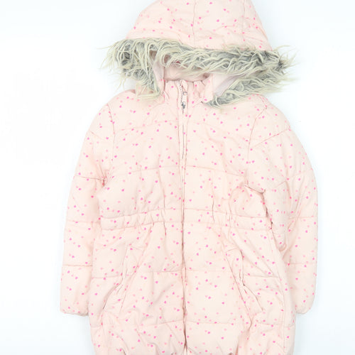 H&M Girls Pink Heart Puffer Jacket, Size 6, Winter Coat