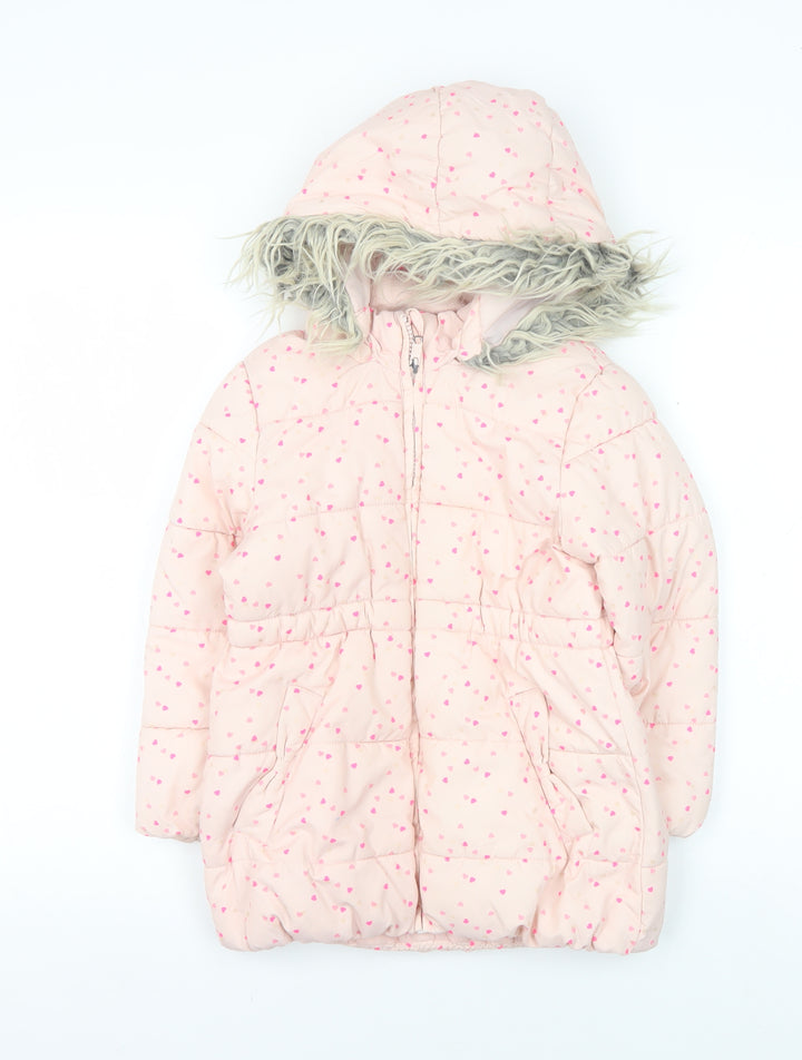 H&M Girls Pink Heart Puffer Jacket, Size 6, Winter Coat