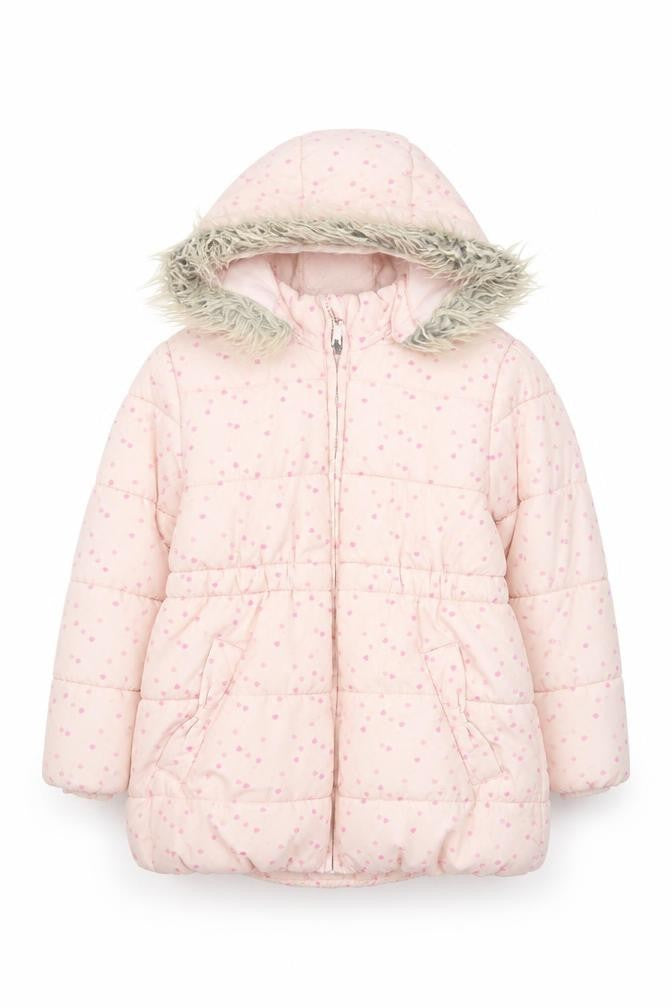 H&M Girls Pink Heart Puffer Jacket, Size 6, Winter Coat