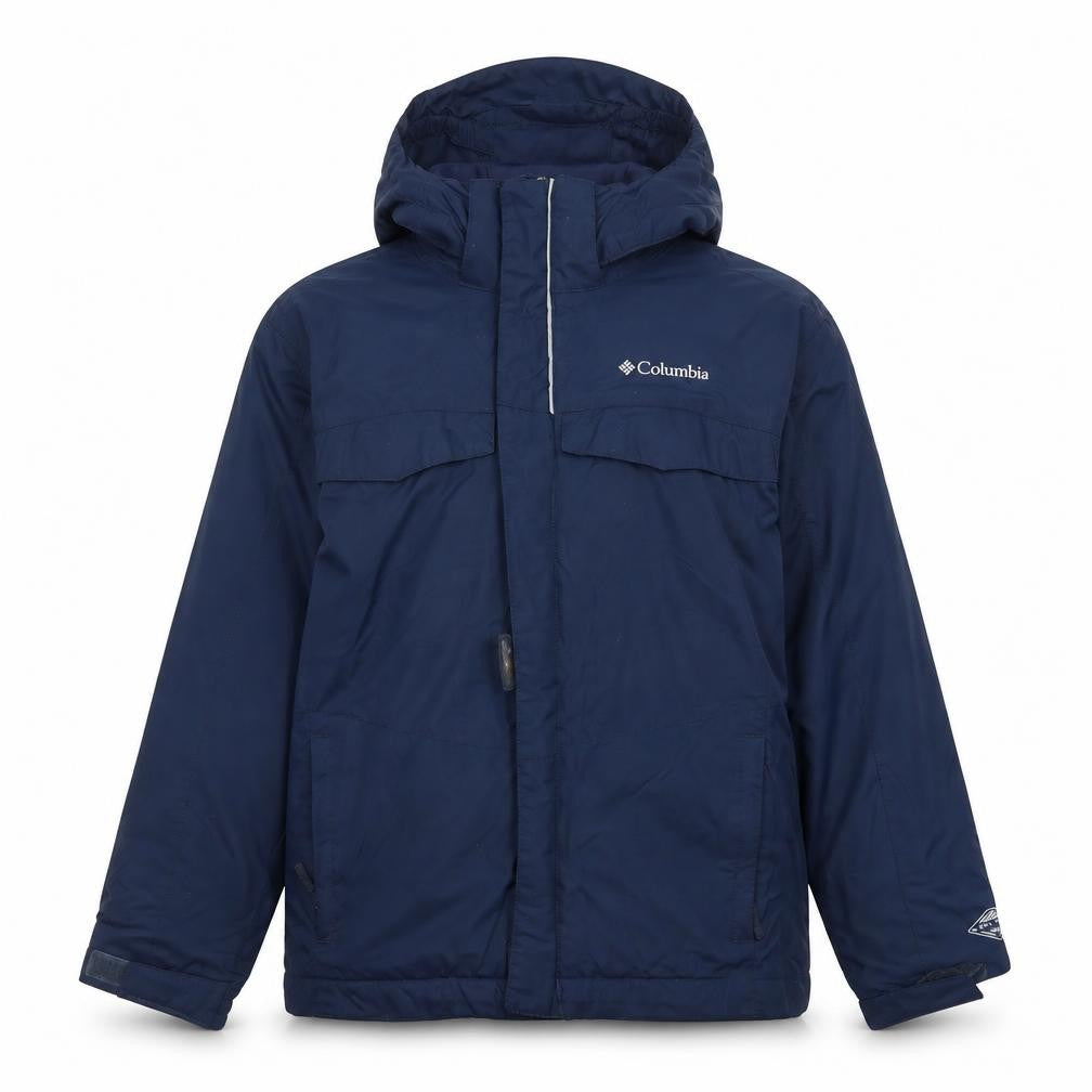 Front view of Columbia boys’ blue hooded parka jacket small winter