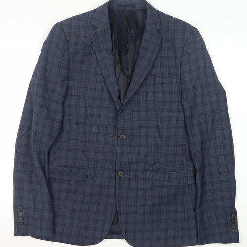 Next Men's Blue Plaid Wool Blazer, Size 40L Formal Wear