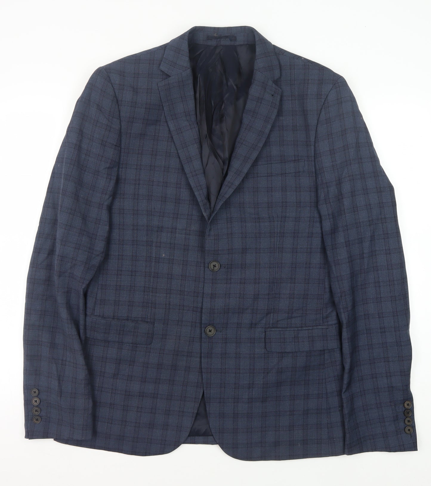 Next Men's Blue Plaid Wool Blazer, Size 40L Formal Wear