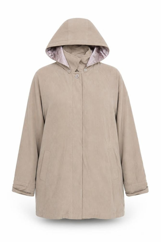 Front view of ZONA Women's Beige Hooded Coat, size 16, Button Closure