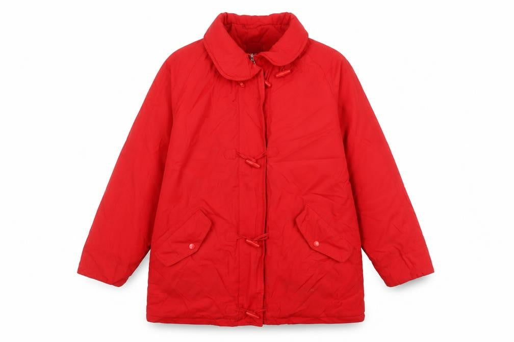 Front view of Redgreen Women's Red Long Toggle Coat, size L