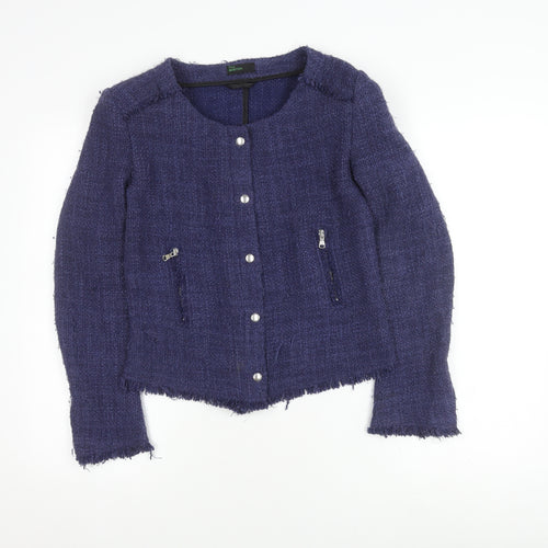 Benetton Women's Blue Bouclé Blazer, Size 12, Classic Fit