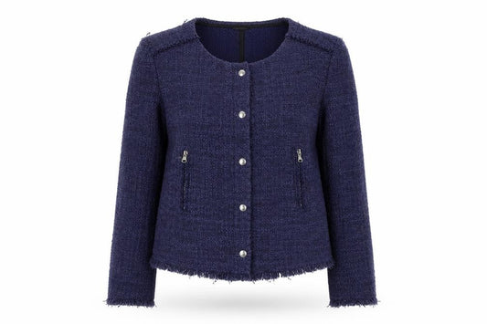 Front view of United Colors of Benetton Women's Blue Bouclé Blazer, size 12, Classic Fit