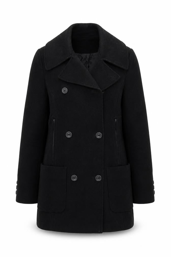 Front view of Karen Millen Women's Black Wool Pea Coat, size 6