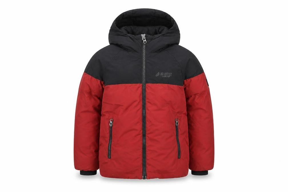Front view of Next boys’ red & black puffer jacket 6y hooded lined