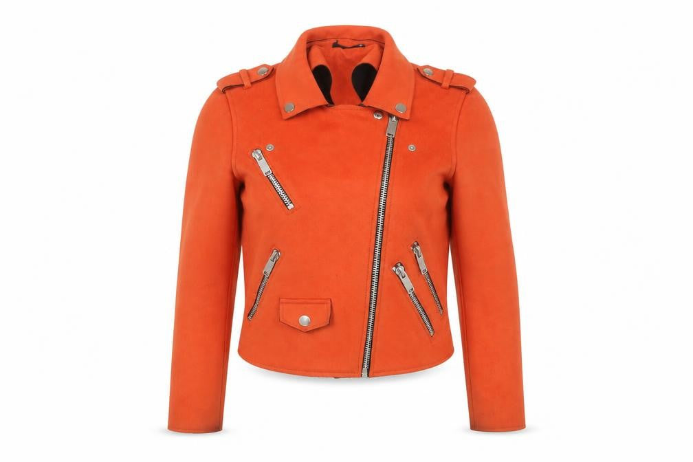 Front view of River Island Women's Orange Biker Jacket, size 6 Slim, Fit