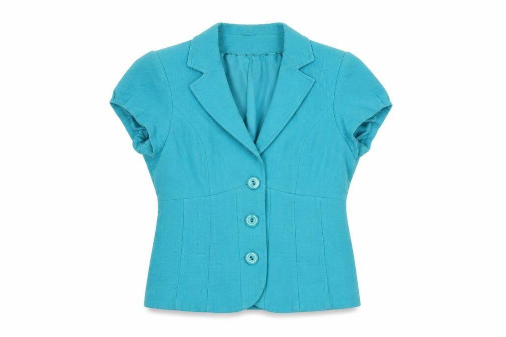 Front view of M&Co Women's Blue Short Sleeve Button-Up Shirt