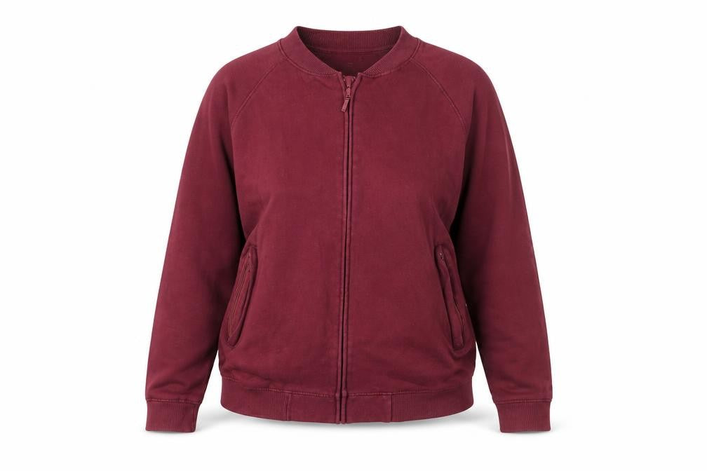 Front view of Neutral unisex red full zip sweatshirt, size S