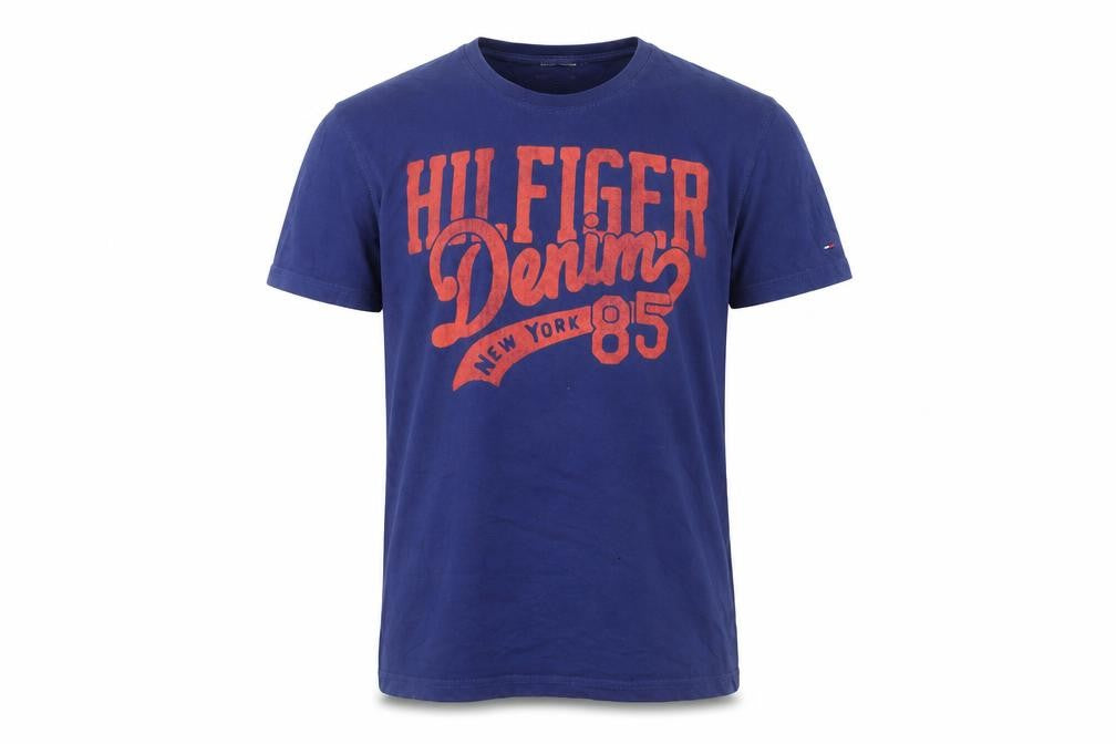 Front view of Hilfiger Denim Men's Blue Graphic T-Shirt, size M