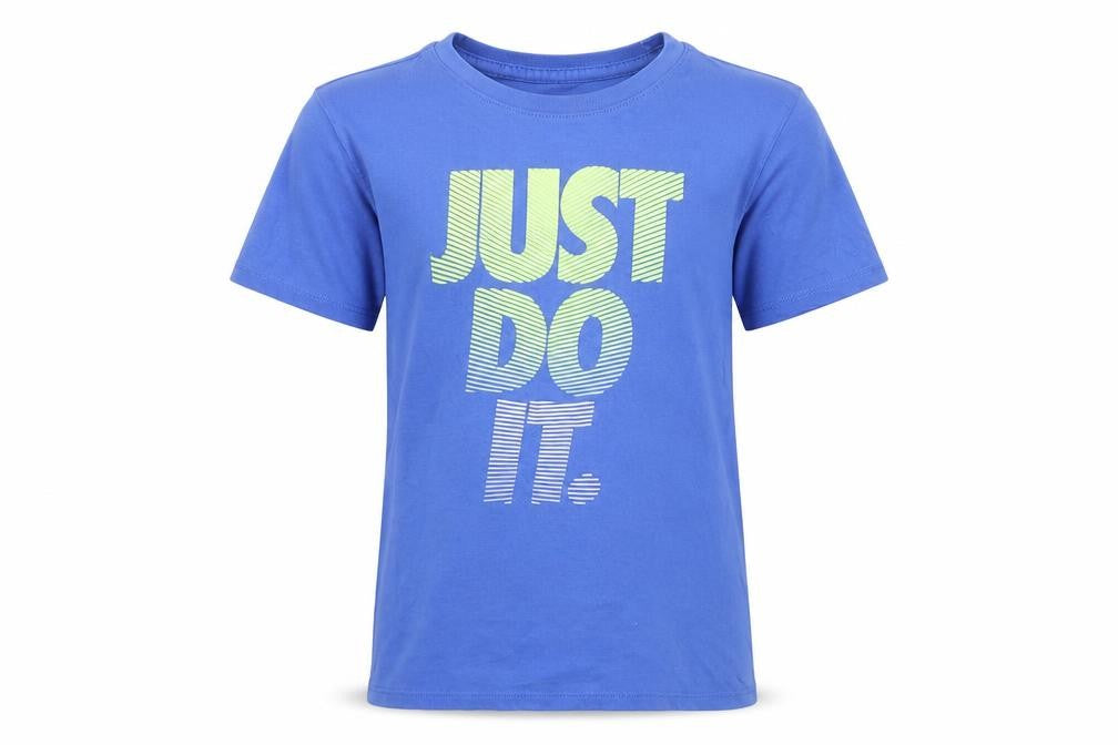 Front view of Nike boys’ blue t-shirt s sporty graphic regular fit