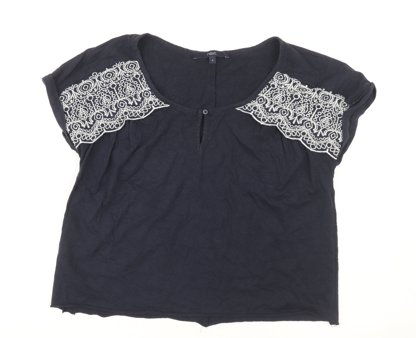 Next Women Black Embroidered T-Shirt, Size 8, Casual