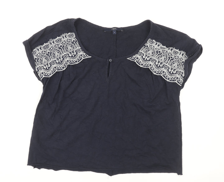 Next Women Black Embroidered T-Shirt, Size 8, Casual