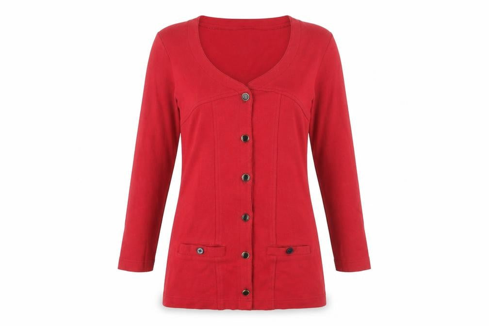 Pamplemousse Women's Red Button-Up Long Sleeve Top