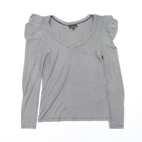 Warehouse Women's Grey Striped V-Neck Top - Size 12