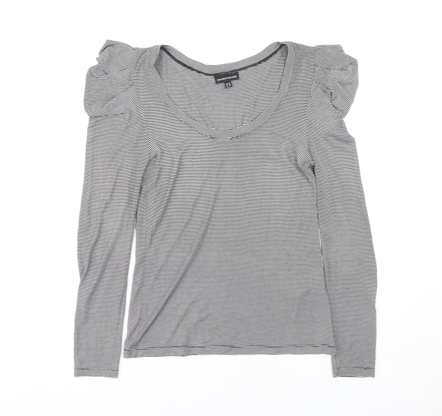 Warehouse Women's Grey Striped V-Neck Top - Size 12