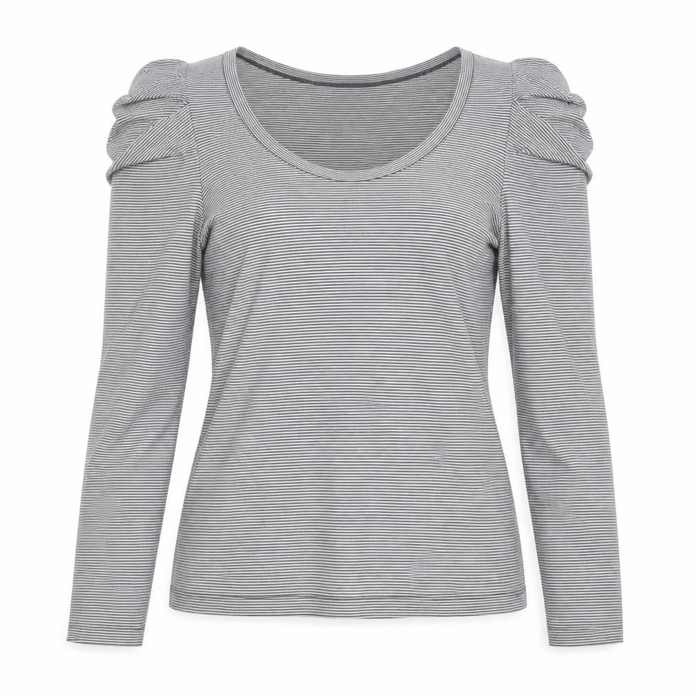 Front view of Warehouse Women's Grey Striped V-Neck Top -, size 12