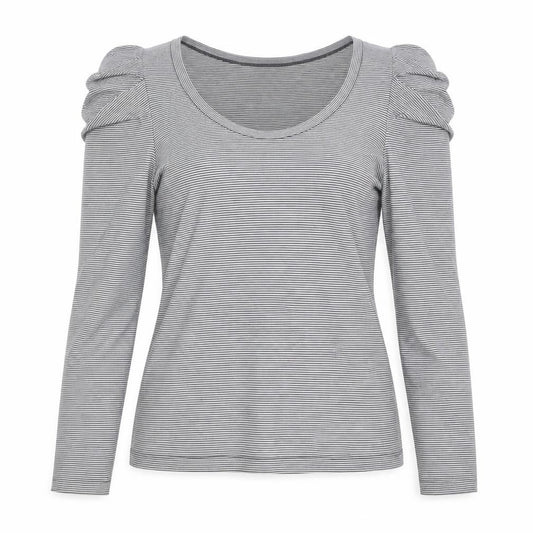 Front view of Warehouse Women's Grey Striped V-Neck Top -, size 12