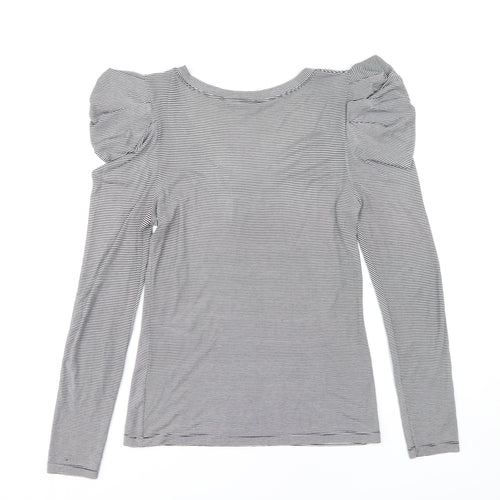 Warehouse Women's Grey Striped V-Neck Top - Size 12