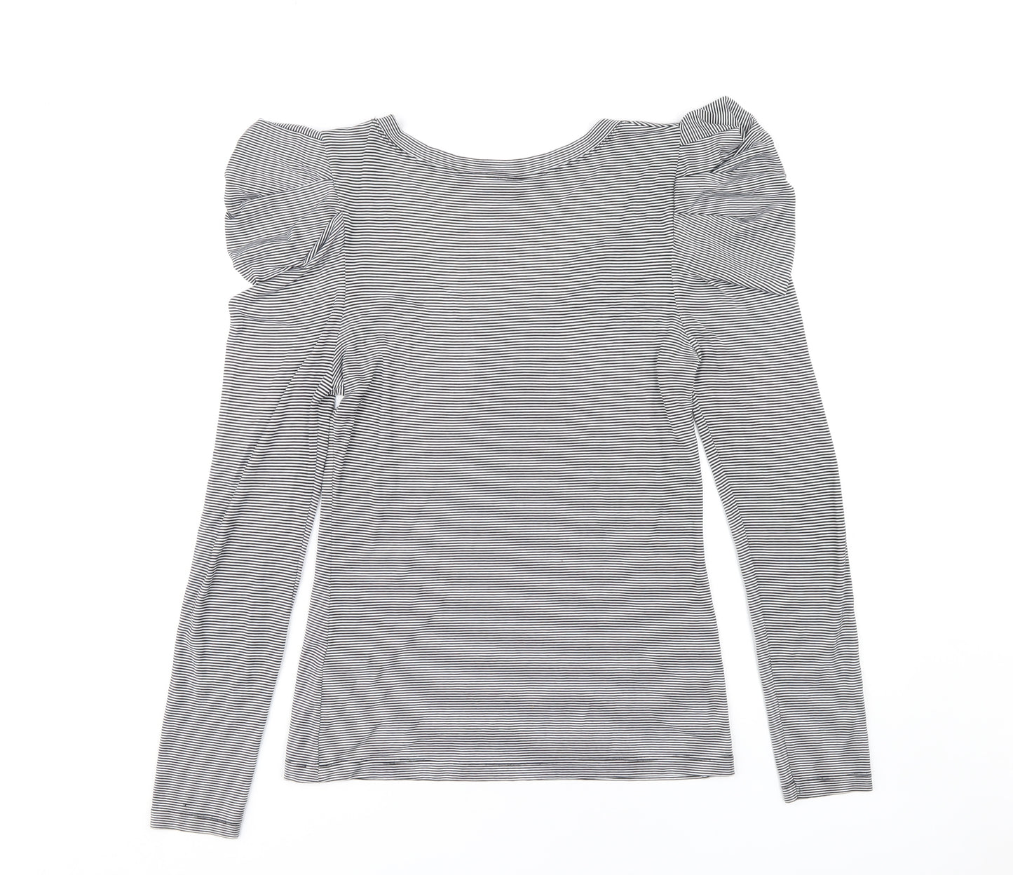 Warehouse Women's Grey Striped V-Neck Top - Size 12