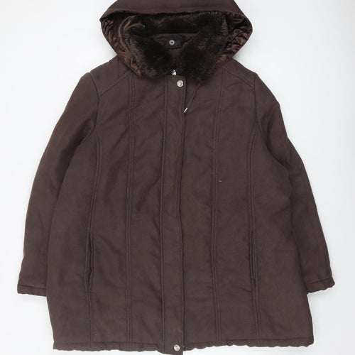 SM Collection Women's Brown Hooded Coat L Fur Trim