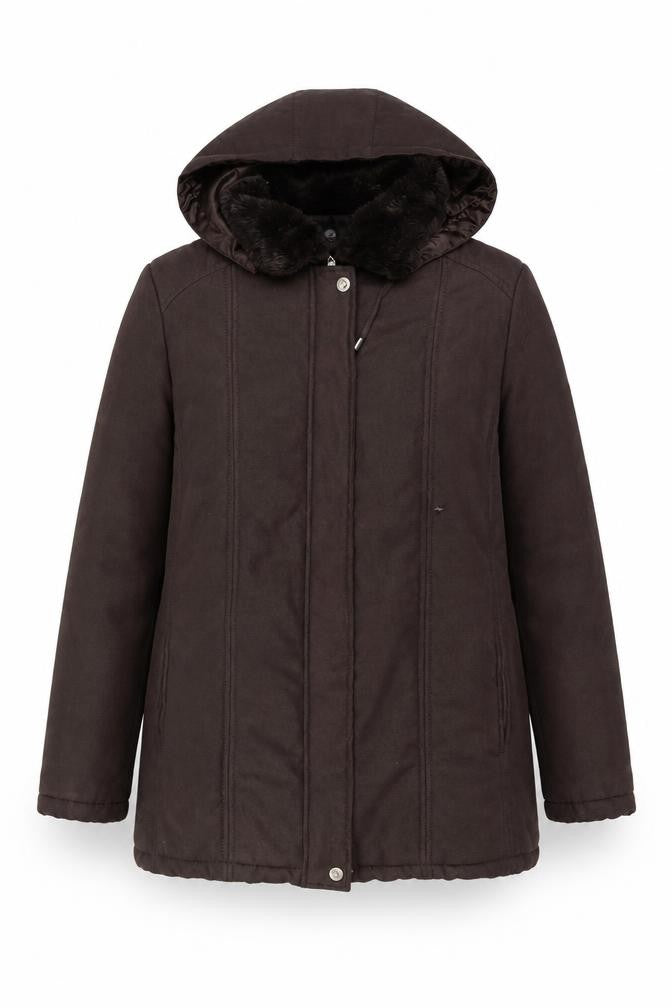 Front view of SM Collection Women's Brown Hooded Coat L Fur Trim
