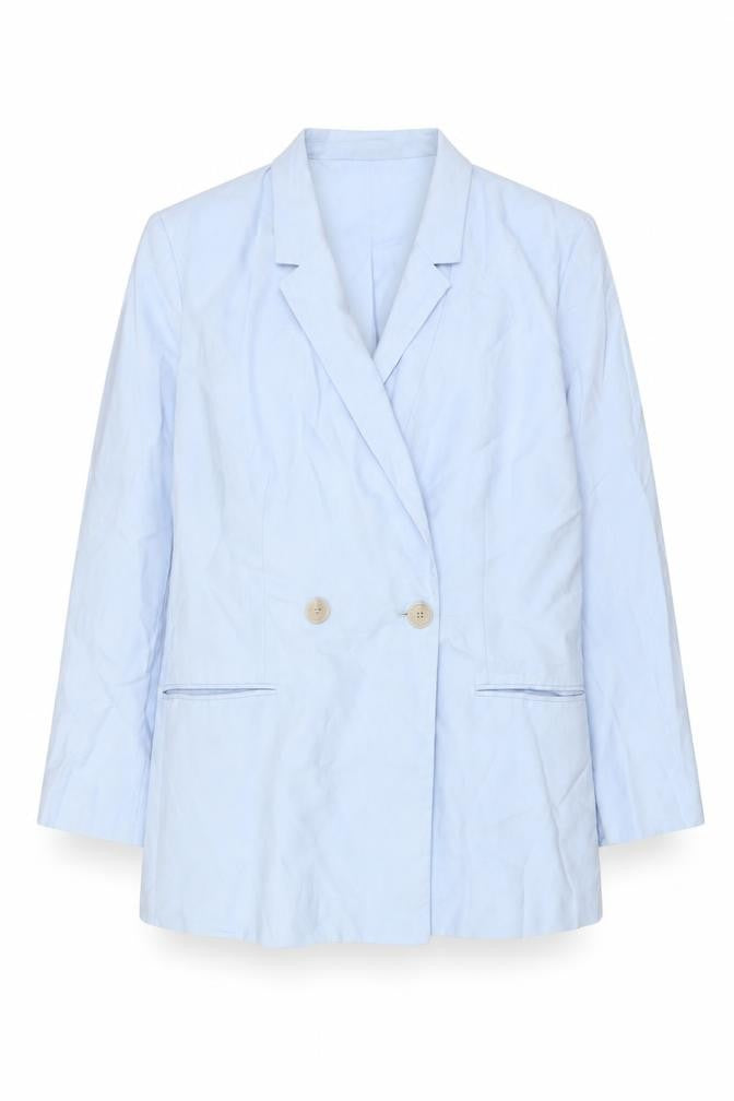 Front view of H&M Women's Blue Blazer, size M, Double-Breasted Workwear