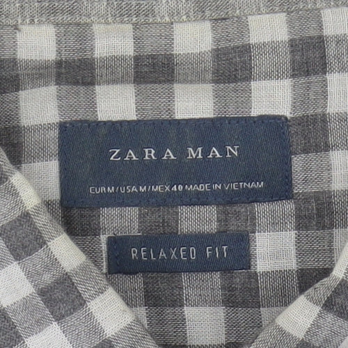 Zara Men Grey Relaxed Check Button-Up Shirt M