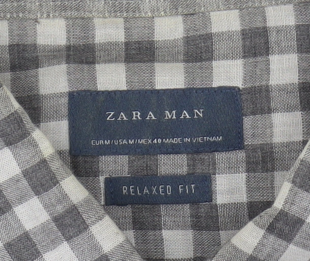 Zara Men Grey Relaxed Check Button-Up Shirt M