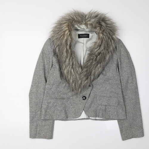 Planet Women's Grey Fur Trim Tweed Jacket Size 14