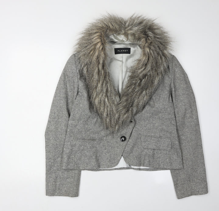 Planet Women's Grey Fur Trim Tweed Jacket Size 14