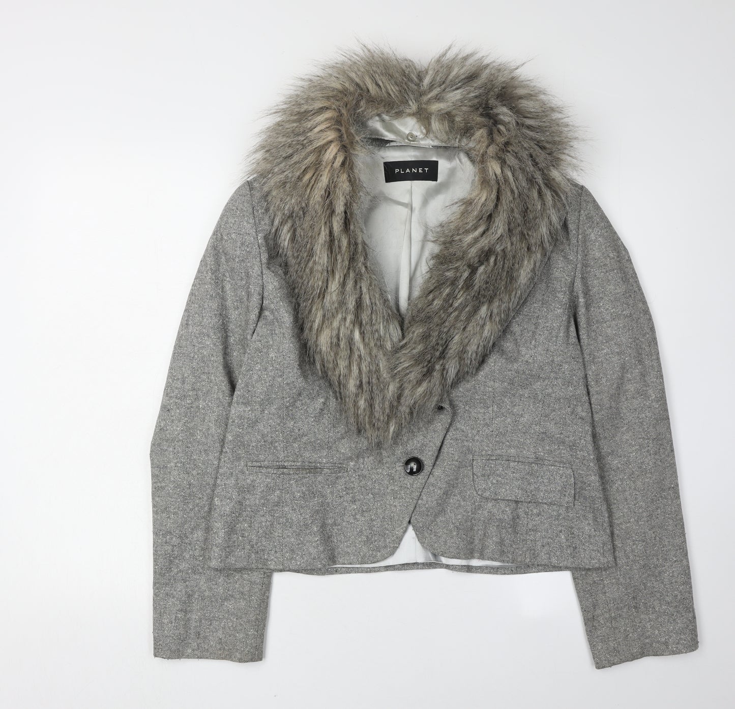 Planet Women's Grey Fur Trim Tweed Jacket Size 14