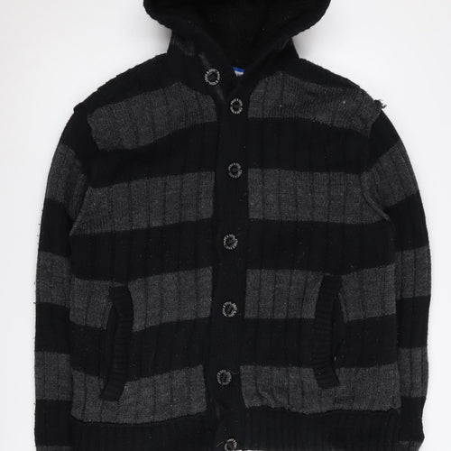 Pride And Soul Men's Black Grey Striped Hooded Jacket XL
