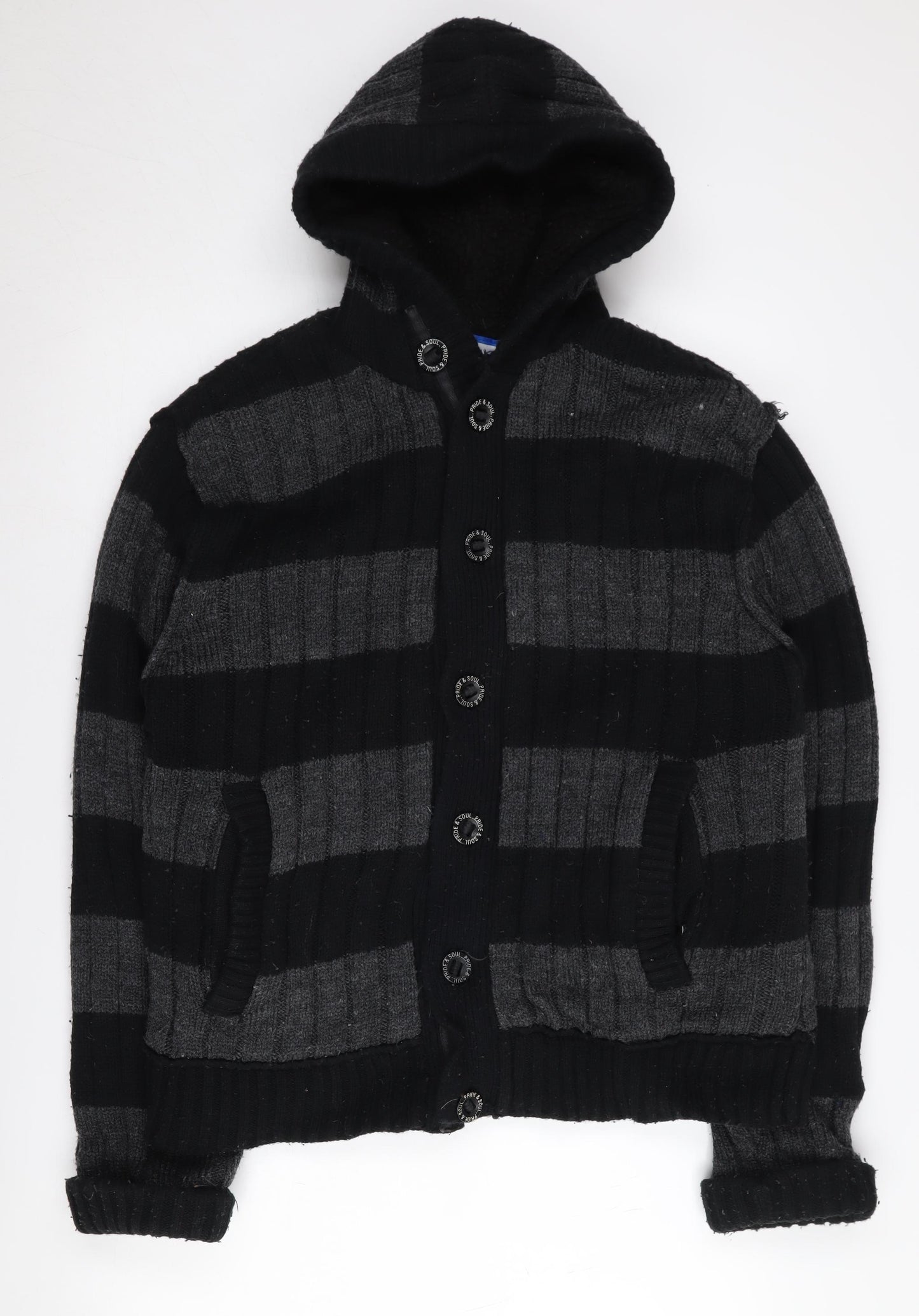 Pride And Soul Men's Black Grey Striped Hooded Jacket XL
