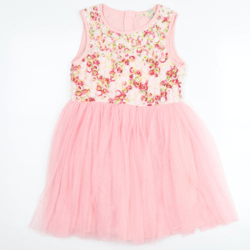 Yumi Girls Pink Floral Embroidered Dress Age 7-8