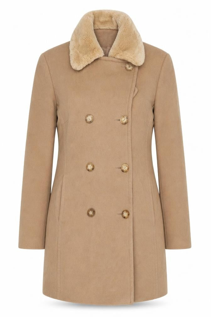 Front view of Richards Women's Brown Long Pea Coat UK 10 Fur Collar