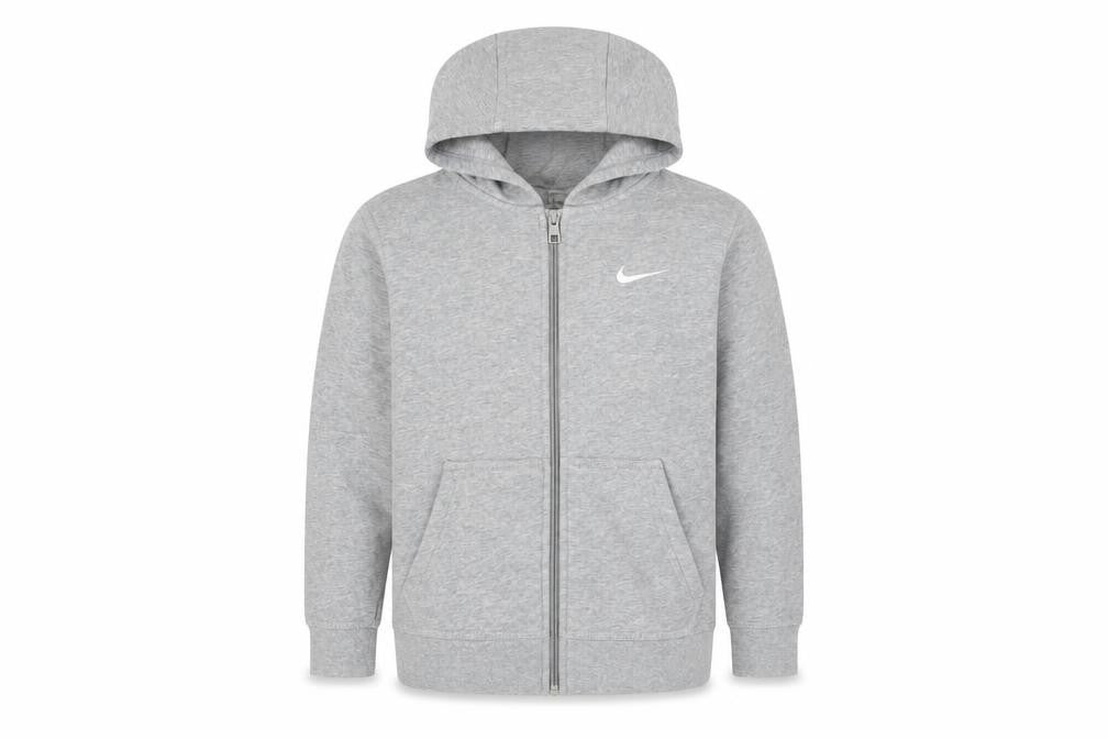 Front view of Nike boys’ full zip grey hoodie, size M