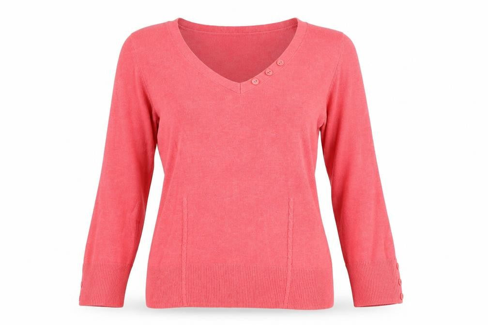 Front view of Laura Ashley Women's Pink V-Neck jumper