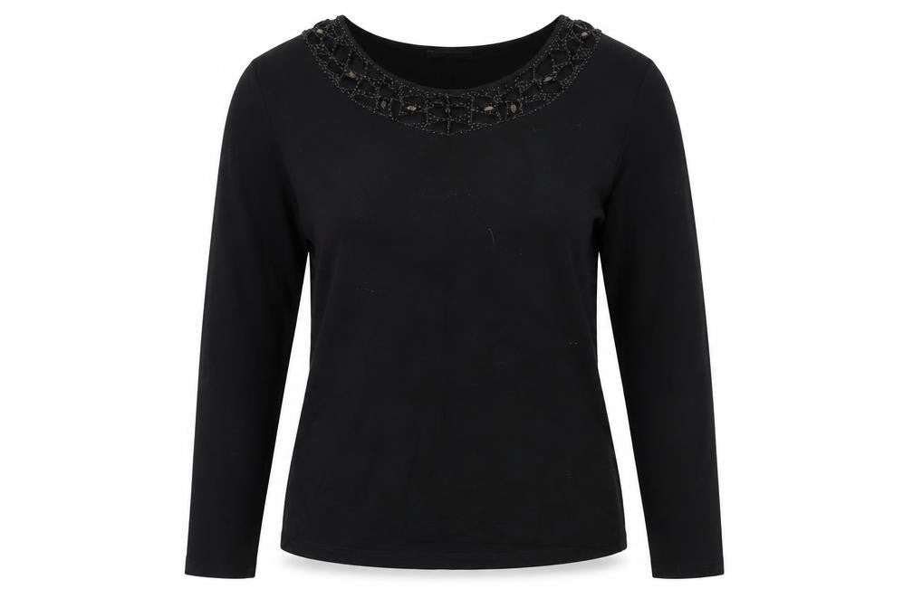 Front view of Karen Scott Women's Black Beaded Long Sleeve Top