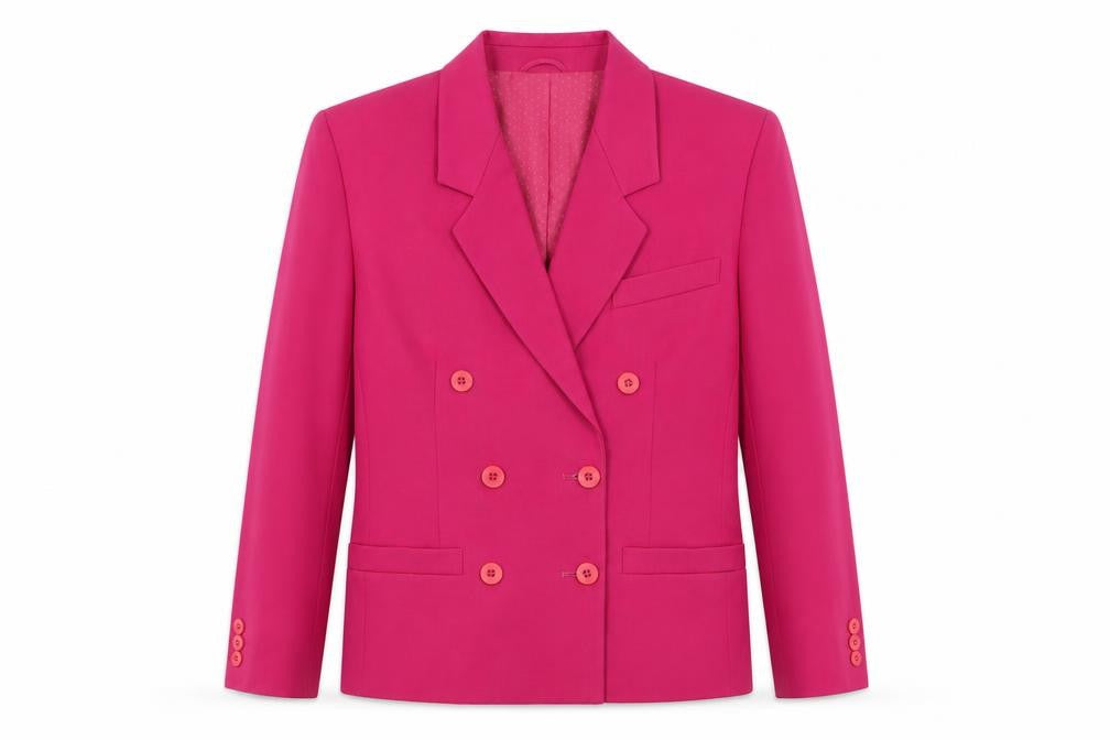 Front view of St Michael Women's Pink Double-Breasted Blazer, size 10