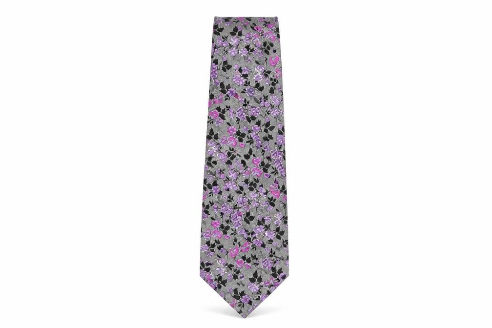 Front view of Van Buck Platinum Grey Floral Silk Men's Tie One Size